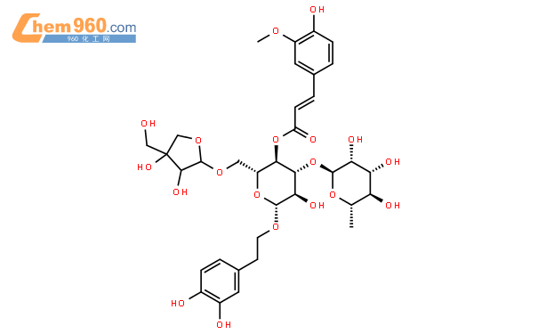 b-D-Glucopyranoside,2-(3,4-dihydroxyphenyl)ethyl O-D-apio-b-D-furanosyl-(1&reg;6)-O-[6-deoxy-a-L-mannopyranosyl-(1&reg;3)]-,4-[(2E)-3-(4-hydroxy-3-methoxyphenyl)-2-propenoate]結構式