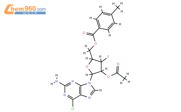 9-(2-O-Acetyl-5-O-(p-toluoyl)-3-deoxy-3-fluoro-beta-D-ribofuranosyl)-2-amino-6-chloro-9H-purine結構式