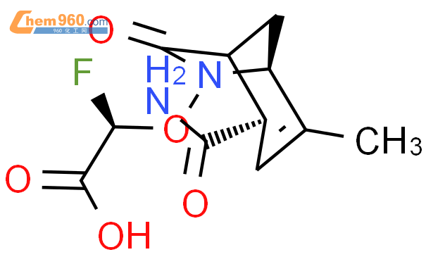 (2R)-2-[[(2R,5S)-2-(氨基羰基)-4-甲基-7-氧-6-氮雜環[3.2.1]辛-3-烯-6-基]氧]-2-氟-乙酸結構式