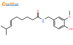 天然辣椒素,(E)-N-(4-羥基-3-甲氧基芐基)-8-甲基-6-壬烯酰胺結構式