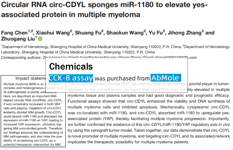 AbMole科研环状RNA circ CDYL海绵细胞miR 1180在多发性骨髓瘤中升高yesassociated蛋白 生物 医药 天然