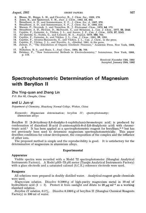 Spectrophotometric determination of magnesium with beryllon II