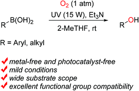 Graphical abstract: Photoinduced hydroxylation of arylboronic acids with molecular oxygen under photocatalyst-free conditions