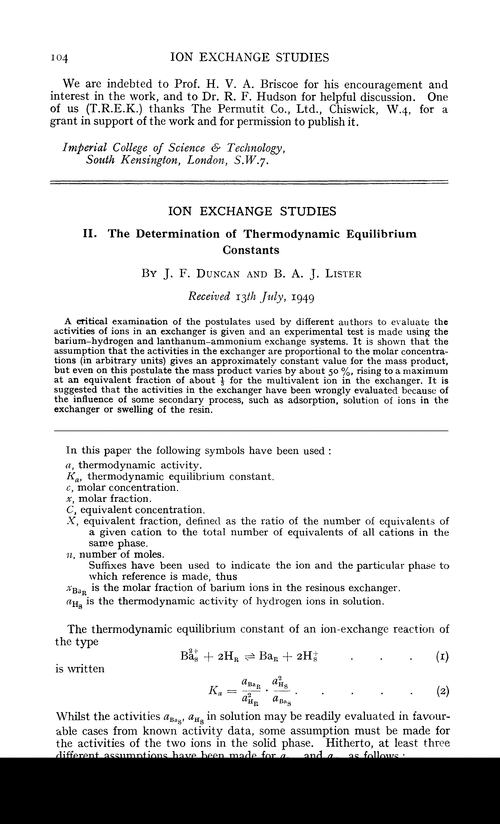Ion exchange studies. II. The determination of thermodynamic equilibrium constants