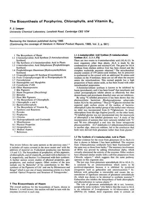 The biosynthesis of porphyrins, chlorophylls, and vitamin B12