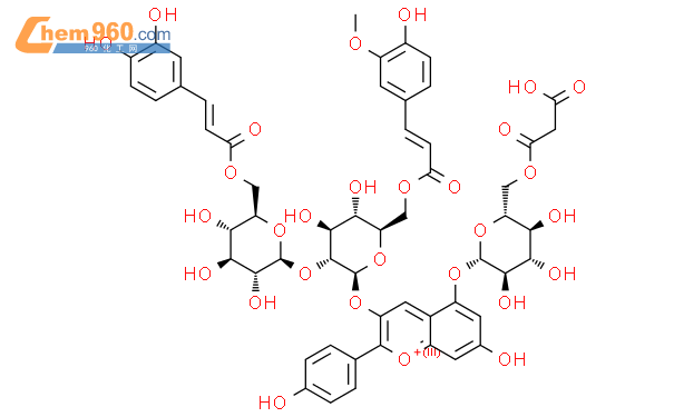 天竺葵色素-3-O-[6-O-(E)-阿魏酰基-2-O-{6-O-(E)-咖啡酰基-β-D-葡萄糖苷}-β-D-葡萄糖苷]-5-O-(6-O-丙二酰基）-β-D-葡萄糖苷结构式图片|1333206-58-8结构式图片