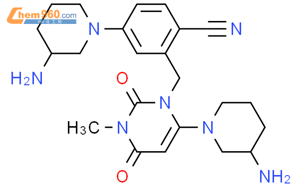 4-((R)-3-Amino-piperidin-1-yl)-2-((6-((R)-3-aminopiperidin-1-yl)-3-methyl-2,4-dioxo-3,4dihydro-pyrimidin-1(2H)yl)methyl) benzonitrileAbsolute stereochemistry.