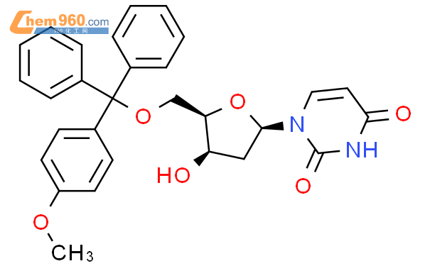 1-(5-O-甲氧基三苯基-2-脱氧-b-D-木呋喃糖基)尿嘧啶结构式