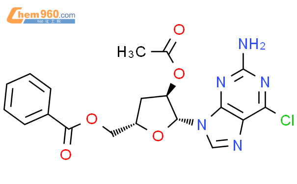 2-氨基-6-氯-9-(3-脱氧-2-O-乙酰-5-O-苯甲酰-β-D-核糖磺酰基)-9H嘌呤结构式