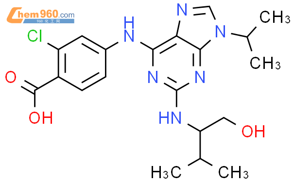 (2R)-2-[[6-[(3-氯-4-羧基苯基)氨基]-9-(1-甲基乙基)-9H-嘌呤-2-基]氨基]-3-甲基-1-丁醇结构式图片|212844-54-7结构式图片
