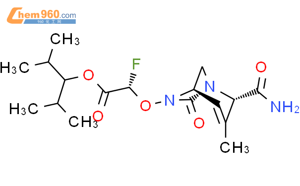 Acetic acid, 2-[[(1R,2S,5R)-2-(aminocarbonyl)-
3-methyl-7-oxo-1,6-diazabicyclo[3.2.1]oct-3-
en-6-yl]oxy]-2-fluoro-, 2-methyl-1-(1-methyl
ethyl)propyl ester, (2S)-