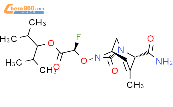 Acetic acid, 2-[[(1R,2S,5R)-2-(aminocarbonyl)-
3-methyl-7-oxo-1,6-diazabicyclo[3.2.1]oct-3-
en-6-yl]oxy]-2-fluoro-, 2-methyl-1-(1-methyl
ethyl)propyl ester, (2R)-
