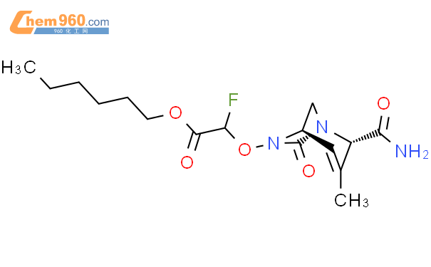 Acetic acid, 2-[[(1R,2S,5R)-2-(aminocarbonyl)-
3-methyl-7-oxo-1,6-diazabicyclo[3.2.1]oct-3-
en-6-yl]oxy]-2-fluoro-, hexyl ester, (2R)-