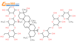 齐墩果酸-12-en-28-oicacid，3-[（O-6-脱氧-a-L-吡喃甘露糖基-（1；2）-O-[b-D-吡喃葡萄糖基-（1；3）]-a-L-阿拉伯吡喃糖基）氧基]-23-羟基-，O-6-脱氧-a-L-吡喃甘露糖基-（1；4）-O-b-D-吡喃葡萄糖基-（1；6）-b-D-吡喃葡萄糖基酯，（3b，4a）-结构式图片|121449-76-1结构式图片