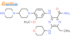 6-乙基-3-[[3-甲氧基-4-[4-(1-哌嗪基)-1-哌啶基]苯基]氨基]-5-[(四氢-2H-吡喃-4-基)氨基]-2-吡嗪甲酰胺结构式图片|1373410-40-2结构式图片