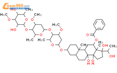 孕烷-8,12,14,17,20-戊醇，3-[（O-6-脱氧-3-O-甲基-b-D-别吡喃基-（1,4）-O-2,6-二脱氧-3-O-甲基-b-D-阿拉伯基-己糖基-（1,4）-2,6-二脱氧-3-O-甲基-b-D-核糖-己糖基）氧基]，12-苯甲酸酯，（3b，5a，12b，14b，17a，20S）-（9CI）结构式图片|139953-35-8结构式图片