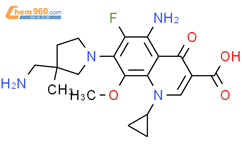 3-Quinolinecarboxylicacid,5-amino-7-[3-(aminomethyl)-3-methyl-1-pyrrolidinyl]-1-cyclopropyl-6-fluoro-1,4-dihydro-8-methoxy-4-oxo-结构式图片|146981-08-0结构式图片
