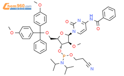 N-[1-[5-O-[双（4-甲氧基苯基）苯基甲基]-3-O-[[双（1-甲基乙基）氨基]（2-氰基乙氧基）膦基]-2-O-甲基-β-D-阿拉伯呋喃基]-1,2-二氢-2-氧代-4-嘧啶基]苯甲酰胺结构式图片|373645-97-7结构式图片