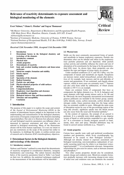 Relevance of reactivity determinants to exposure assessment and biological monitoring of the elements