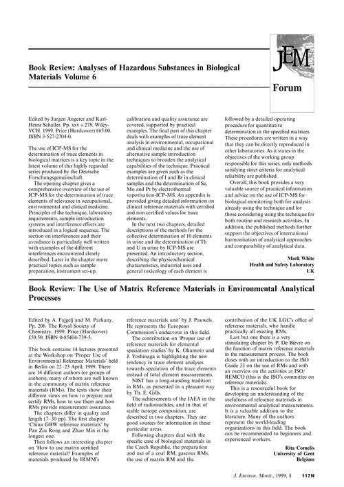 Book Review: Analyses of Hazardous Substances in Biological Materials Volume 6 Book Review: The Use of Matrix Reference Materials in Environmental Analytical Processes