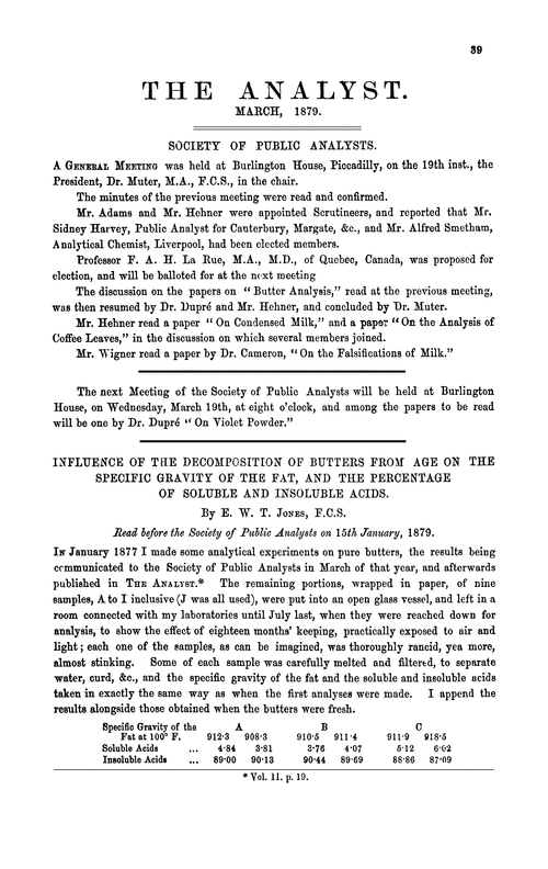 Influence of the decomposition of butters from age on the specific gravity of the fat, and the percentage of soluble and insoluble acids