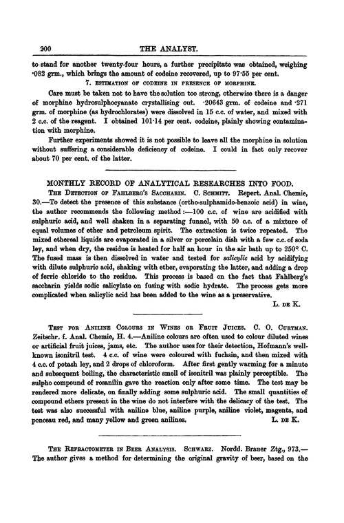 Monthly record of analytical researches into food