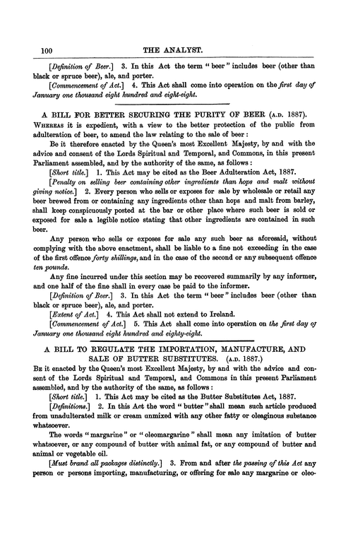 A bill to regulate the importation, manufacture, and sale of butter substitutes (A.D. 1887)