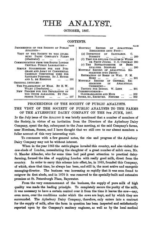 The visit of the Society of Public Analysts to the farms of the Aylesbury Dairy Company on the 9th June, 1887