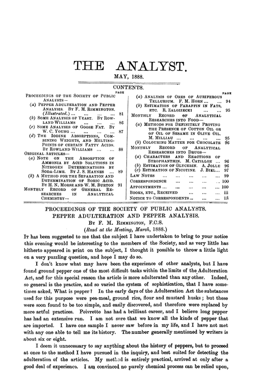 Proceedings of the Society of Public Analysts. Pepper adulteration and pepper analysis