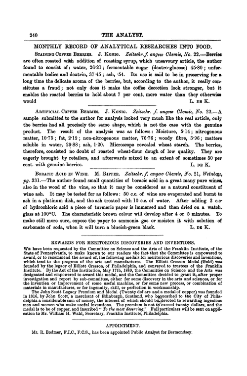 Monthly record of analytical researches into food