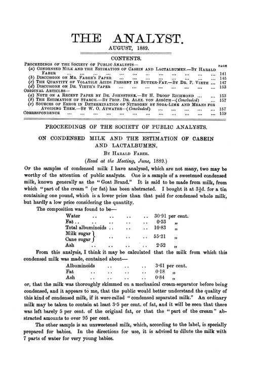 On condensed milk and the estimation of casein and lactalbumen