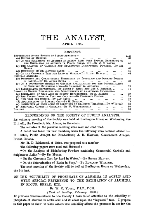 On the solubility of phosphate of alumina in acetic acid with special reference to the estimation of alumina in flour, bread, etc.