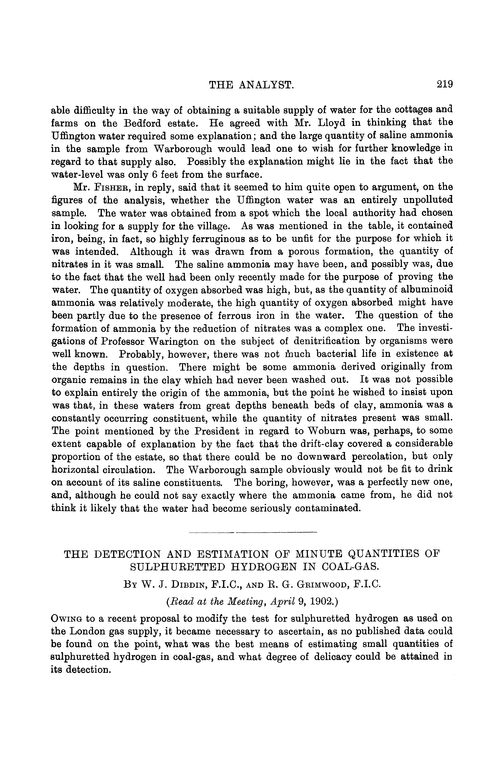 The detection and estimation of minute quantities of sulphuretted hydrogen in coal-gas