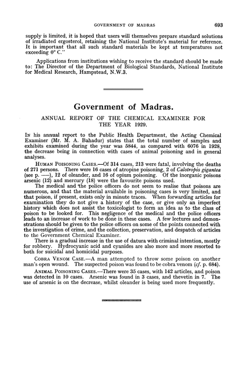 Government of Madras. Annual Report of the Chemical Examiner for the year 1929