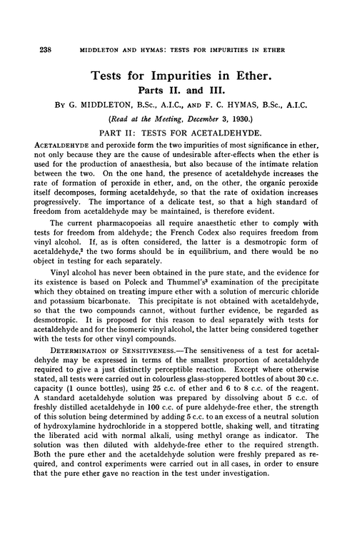 Tests for impurities in ether. Parts II. and III.