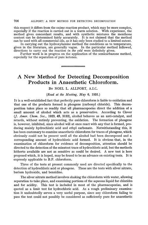 A new method for detecting decomposition products in anaesthetic chloroform