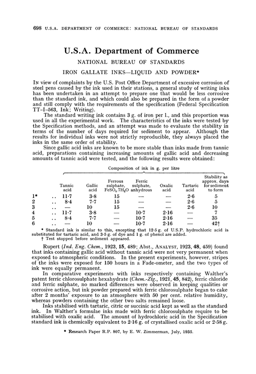 U.S.A. Department of Commerce. National Bureau of Standards. Iron Gallate inks—liquid and powder