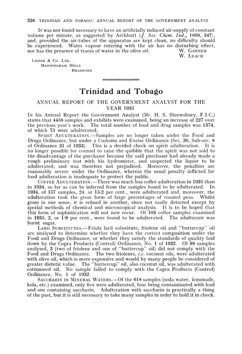 Trinidad and Tobago. Annual Report of the Government Analyst for the year 1935