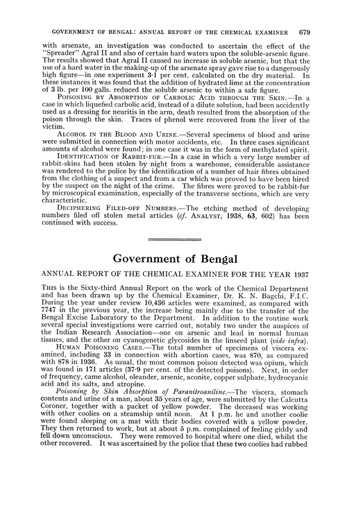 Government of Bengal. Annual Report of the Chemical Examiner for the year 1937