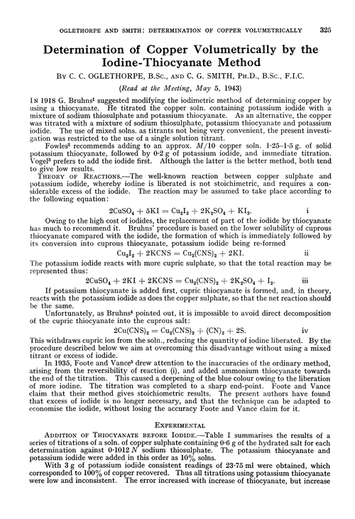 Determination of copper volumetrically by the iodine-thiocyanate method