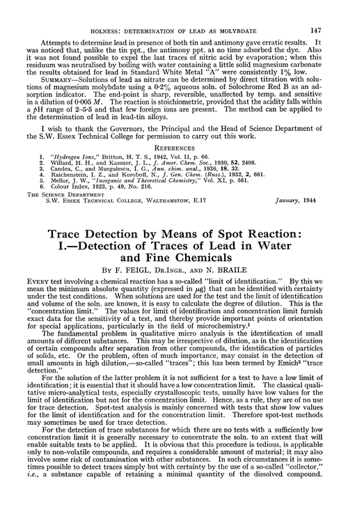 Trace detection by means of spot reaction: I.—Detection of traces of lead in water and fine chemicals