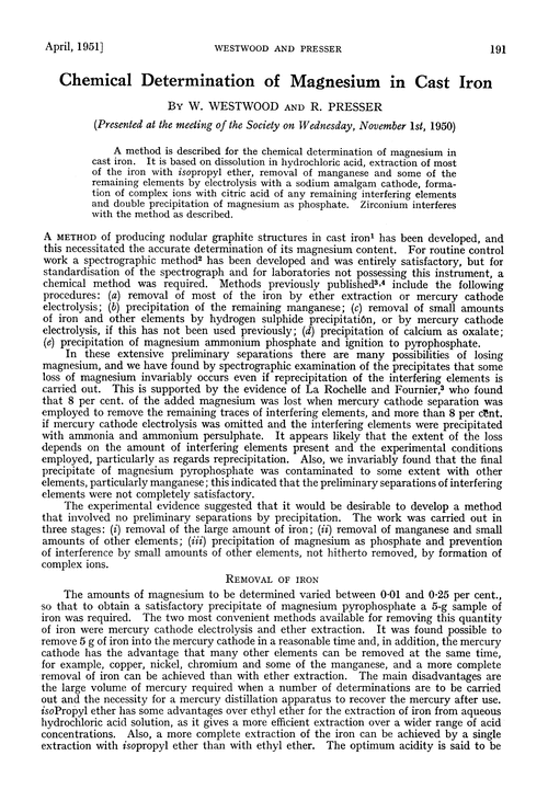 Chemical determination of magnesium in cast iron