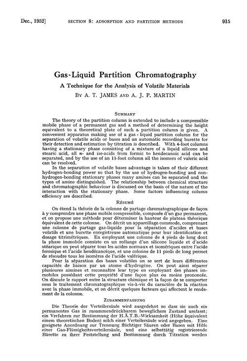 Gas-liquid partition chromatography. A technique for the analysis of volatile materials