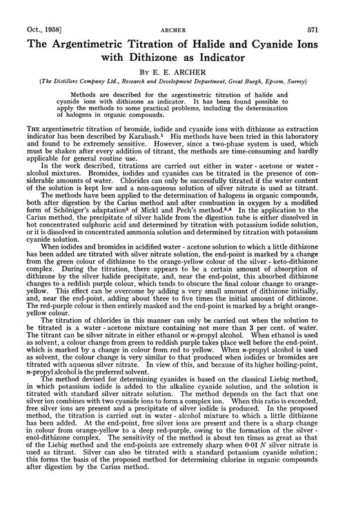 The argentimetric titration of halide and cyanide ions with dithizone as indicator