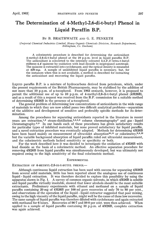 The determination of 4-methyl-2,6-di-t-butyl phenol in liquid paraffin B.P.