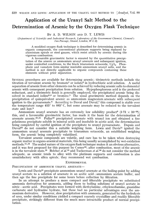 Application of the uranyl salt method to the determination of arsenic by the oxygen flask technique