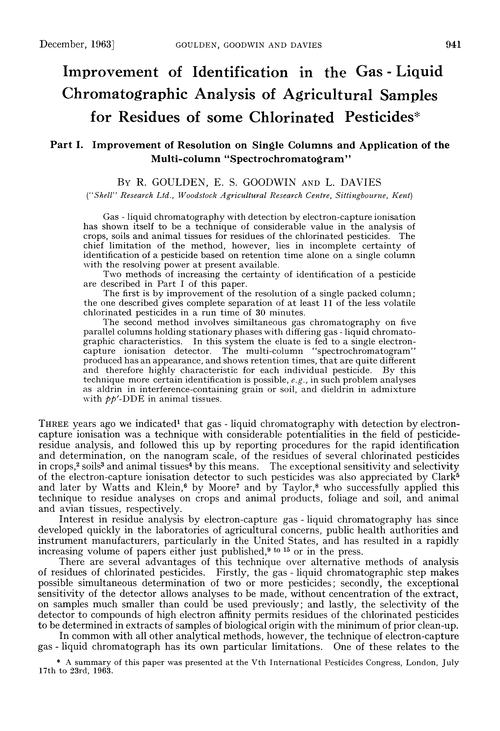 Improvement of identification in the gas-liquid chromatographic analysis of agricultural samples for residues of some chlorinated pesticides. Part I. Improvement of resolution on single columns and application of the multi-column “spectrochromatogram”