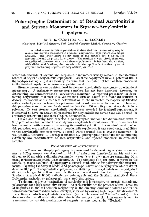 Polarographic determination of residual acrylonitrile and styrene monomers in styrene-acrylonitrile copolymers