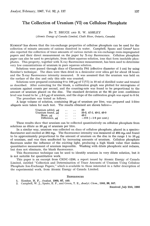 The collection of uranium (VI) on cellulose phosphate