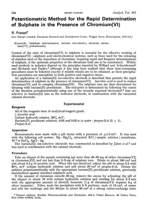 Potentiometric method for the rapid determination of sulphate in the presence of chromium(VI)